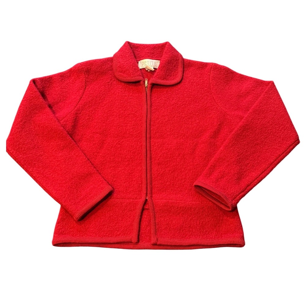 Petite Sophisticate Red 100% Wool Full Zip Cardigan Jacket Peter Pan Collar P/P